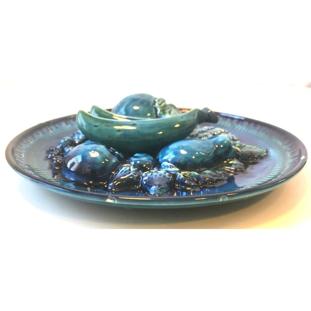 Ceramic raised fruit hanging plate Inarco blue Vintage